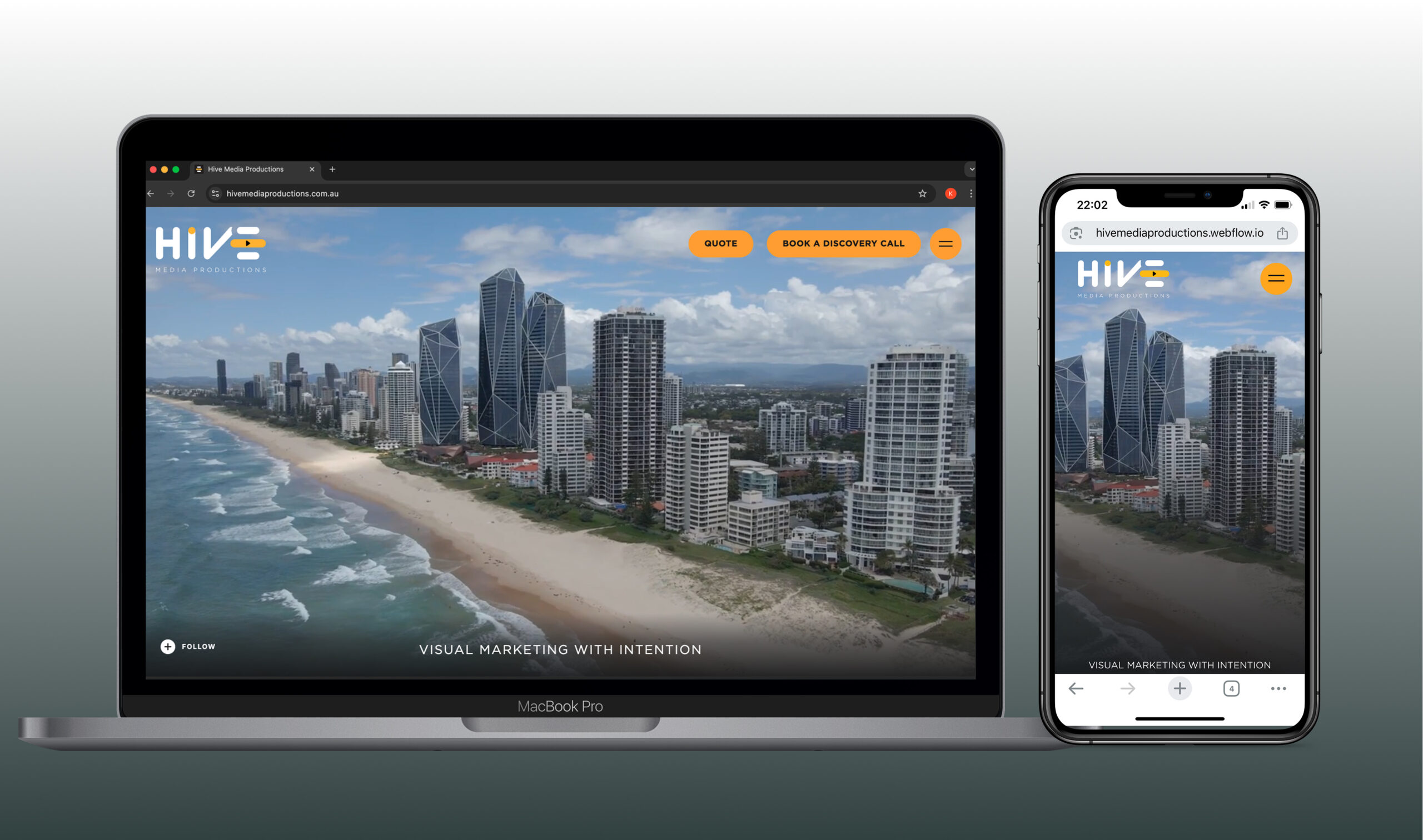 A laptop and a smartphone display the same website by creative web developer Karina Taguchi, featuring a city skyline along a beach under a partly cloudy sky. The header reads “HIVE” with navigation buttons and a tagline.